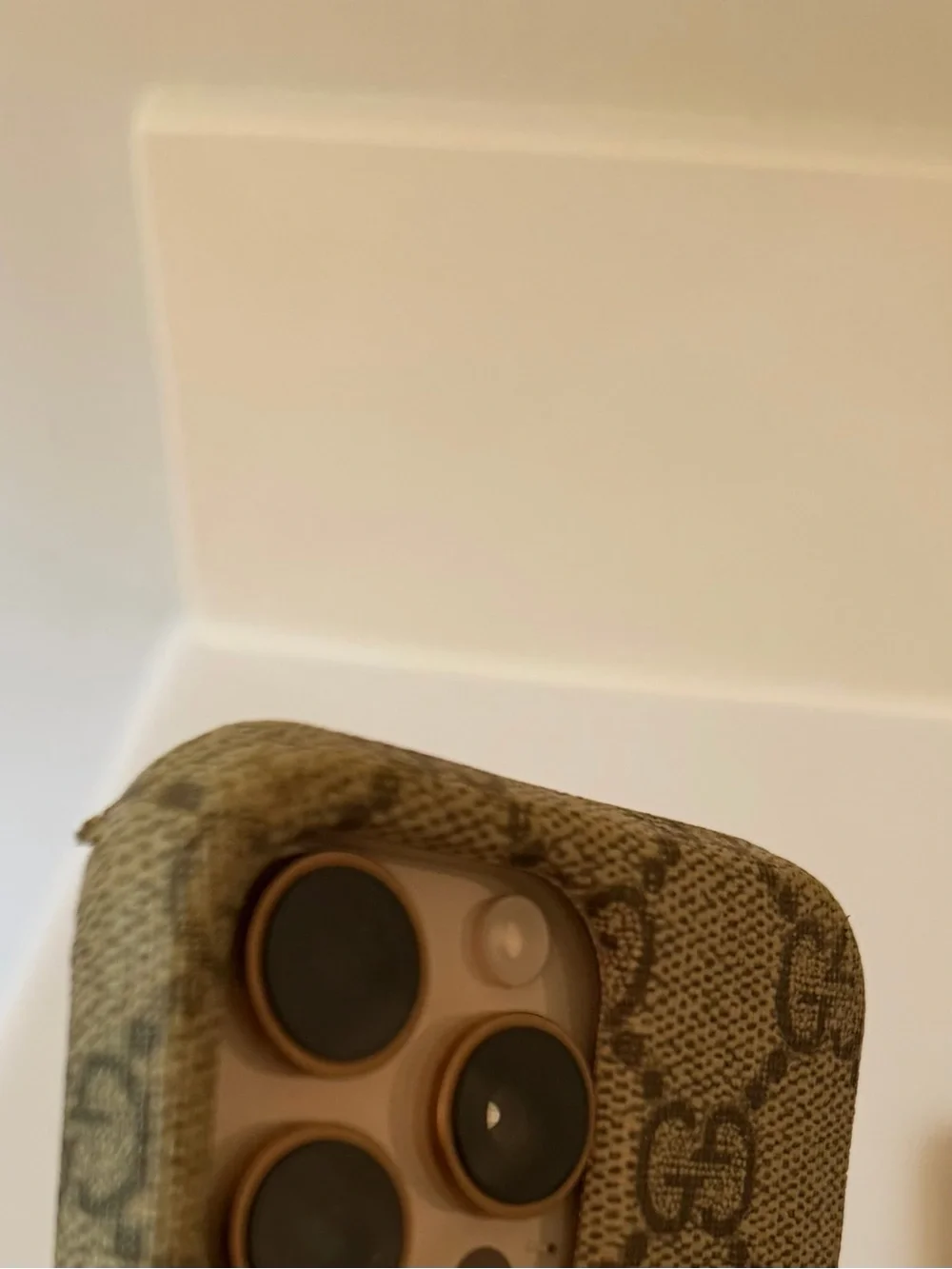 Gucci Beige Monogram GG Canvas iPhone Case with Gold Logo fits 13 Pro or 16 Pro